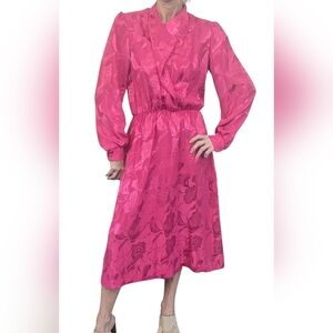 HHR Vintage Pink Satin Jacquard Midi Dress Puff Sleeve High Neck 1980s Size 10